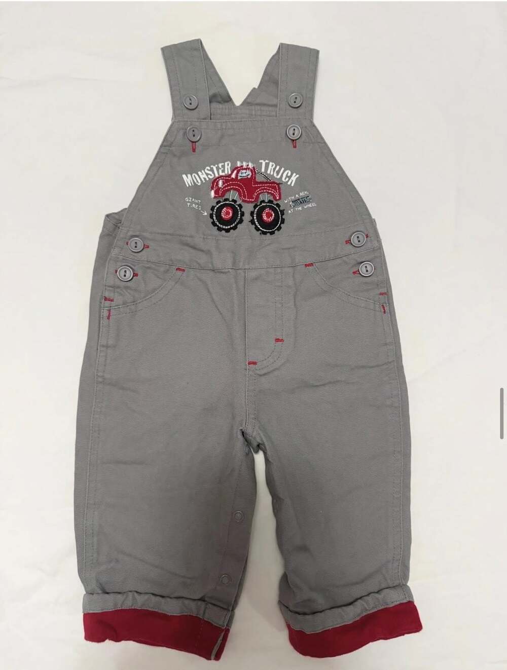 B.T. Kids Gray Monster Truck Embroidered Baby Overalls Shortalls